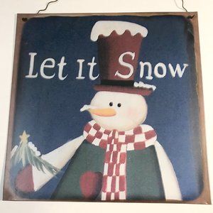 Vintage Snowman Door Wall Sign Plaque Let It Snow Tin Metal Christmas Decor
